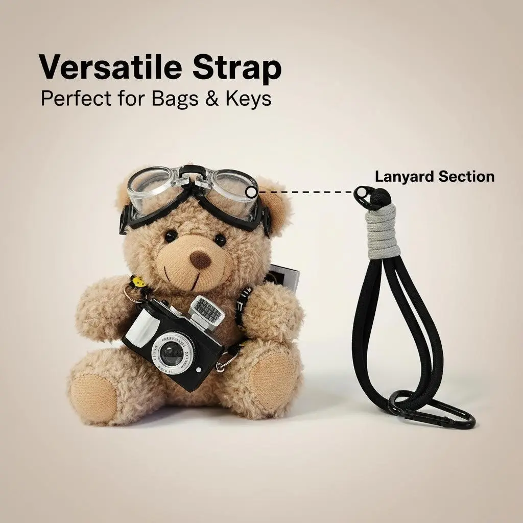 Stuffed Animal Keychain, Retro Style Soft Plush Pilot Bear with Goggles & Camera - Kawaii Accessories Backpack & Handbag Charm, Funny Keychain, Keychain Decor