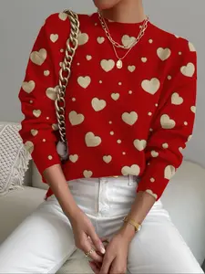 Women's Heart Colorblock Sweater, Fall Winter Casual Long Sleeve Knitwear, Comfortable Warm Fitted Top, Daily Wear