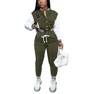 Women’s Two-Piece Set: Button-Down Varsity Jacket Tracksuit Crop Top, Letterman Bomber Jacket, and Pants