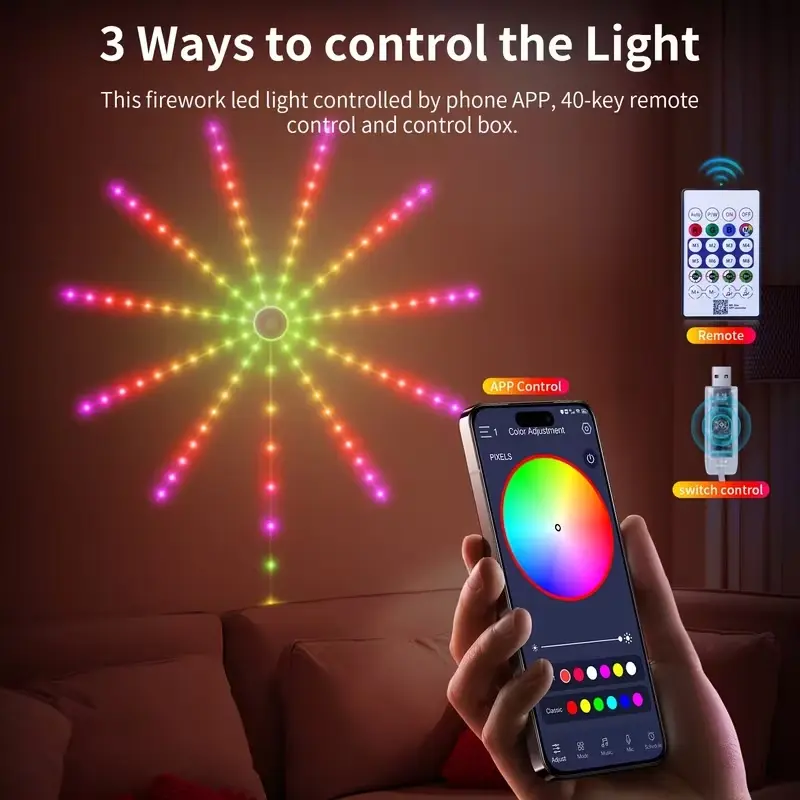 RGB LED Strip Lights - Smart Fireworks Color-Lit, USB Powered, Music Sync, App Control, Dynamic Effects LED Light for Home Gaming Parties, Ambient Lighting