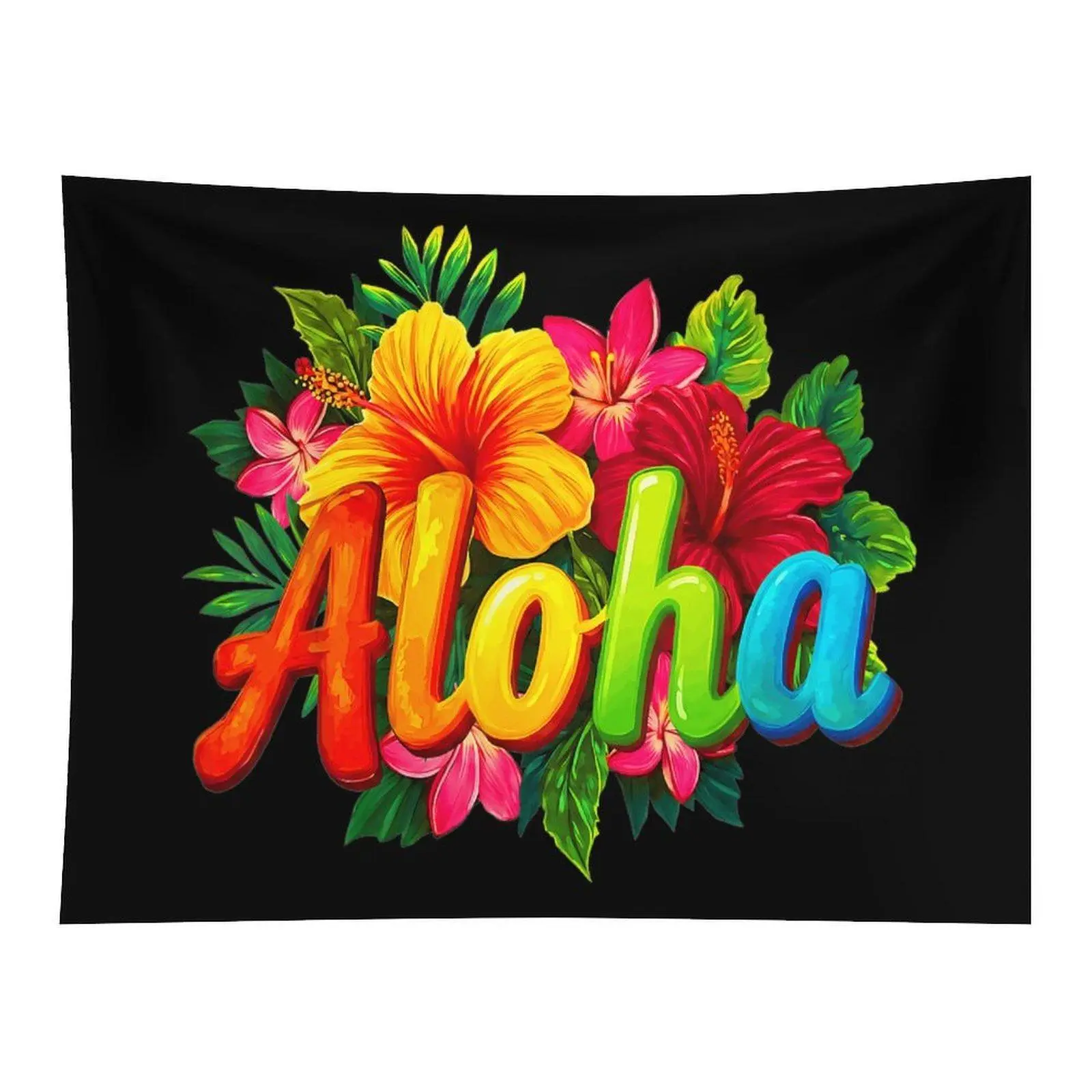 Black Background Colorful 3D Aloha Tropical Hibiscus Palm Leaf Hawaiian Summer Wall Tapestry For Beach Vacation Bedroom Dorm Decor