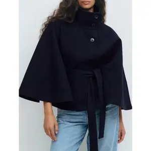 No Pattern Front Buckle Belt Wool Cape Coat Women's Casual Autumn Winter Fashion Daily Date Outfit long sleeve neck trendy open Crop Top Black White Set trench buttoned multi-color loose fit  top jacet chunky  button up flounce knit wide afghan Blazer