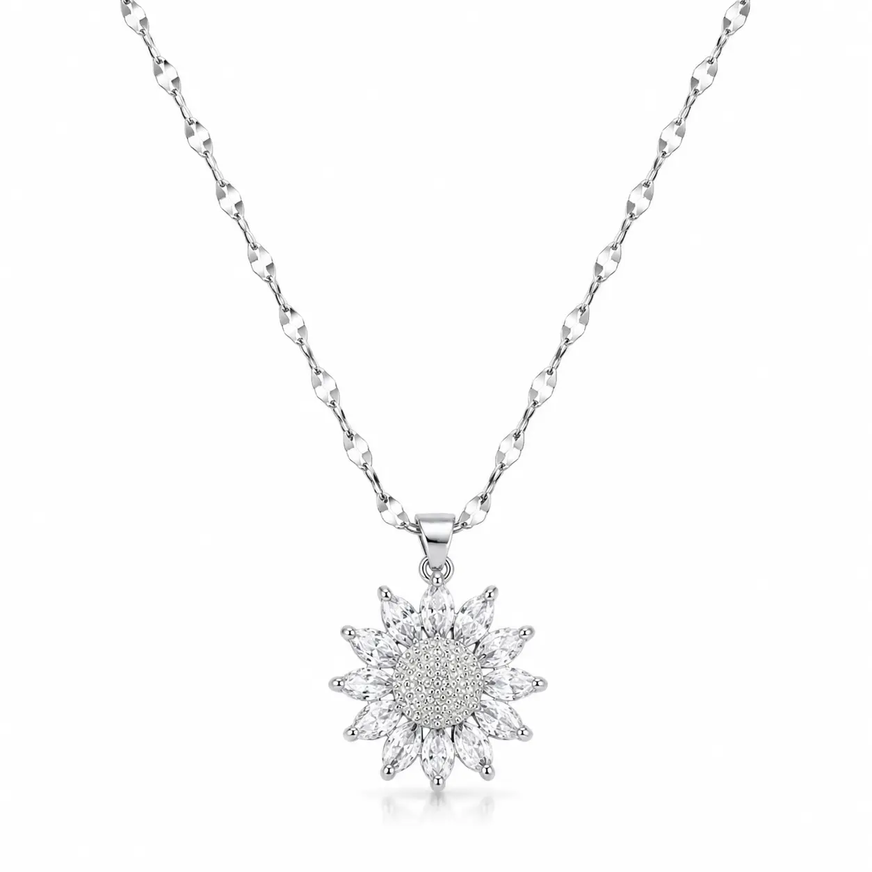 Stainless Steel Sunflower Pendant Necklace For Women Sparkling Synthetic Zirconia Petals Party & Everyday Jewelry Gift