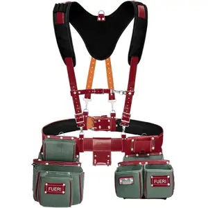 FUERI Nylon and Leather Tool Belt with Suspender comes with 19 Pocket with Adjustable Foam Padded Belt,Heavy Duty Pouches, 4 D-Loops, Leather Suspender and hammer holder for Carpenters & Electricians