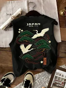 Men's Japanese Crane & Pine Sleeveless Vest, Loose Ukiyo-E Print & Japanese Text Shirt, Breathable Gym & Streetwear Waistcoat