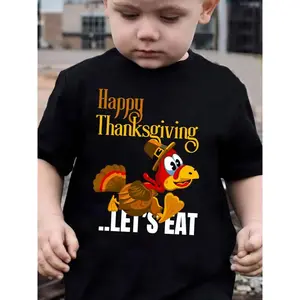 Boys' Thanksgiving & Summer T-Shirt - Happy Thanksgiving Turkey Graphic Tee with "Let'S Eat" Text - Bright Yellow Casual Shirt for Holiday Parties, Everyday Outfits - Lightweight Everyday Top for Kids, Festive Kids Clothing, Playful Kids Design, Comfortab