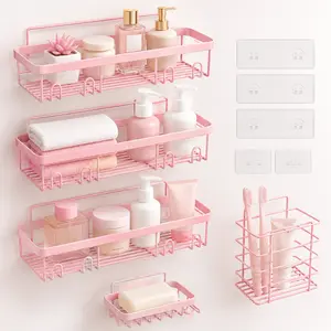 Adhesive Shower Caddy 5 Piece Set, Black/Pink No-Drill Bathroom Storage Organizer, Large Capacity Wall Shelf Rack for Shampoo, Soap, Toothbrush, Kitchen & Laundry,Rustproof Black Wall Mounted Shower Shelves