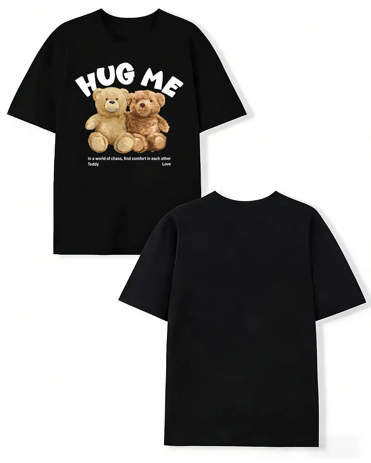 Soft Cotton Graphic T-Shirt with Textured Teddy Bear "Hug Me" Quote Print, Unisex Casual Relaxed Fit Short Sleeve for Matching Couples, Plain, Shortsleeve, Small, Streetwear, Fashion, Love, Aesthetic, Fluffy, Comfy, Breathable, Menswear, Fabric, Tops