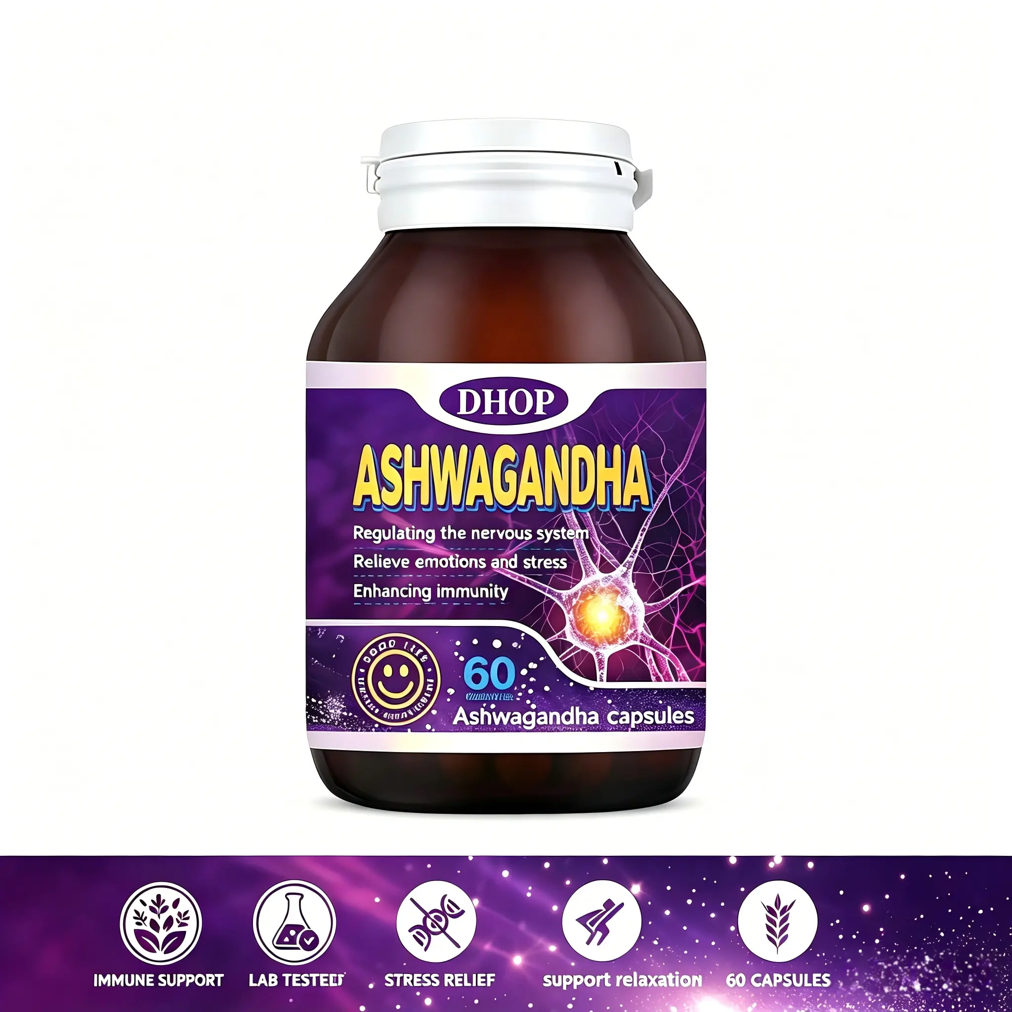 DHOP Ashwagandha Root Extract Capsules, 12000mg High Potency Natural Herbal Wellness Supplement, Support Calm Mood, Relax Mind, Relieve Daily Stress, Balance Nervous System & Boost Immune Health for Men and Women, 60 Capsules