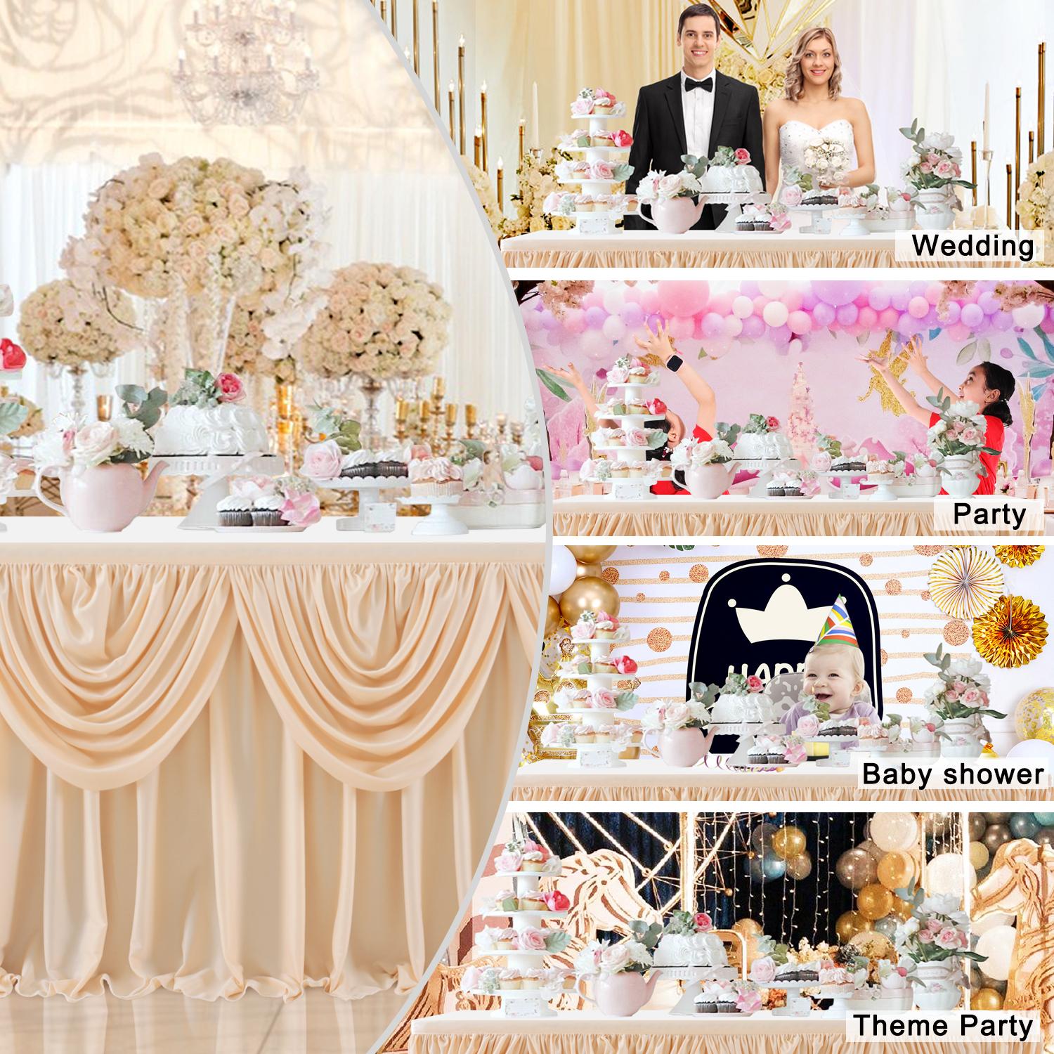 Satin Double Drape Table Skirt for Rectangle Tables, Elegant Pleated Desk Skirting with Adhesive for Wedding, Birthday & Party Decor