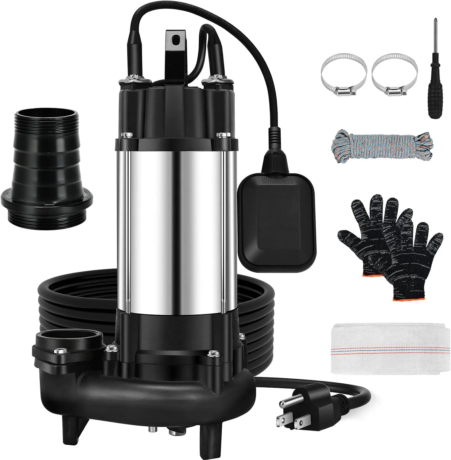 1 HP Automatic Sewage Grinder Pump, 110V 6400 GPH High Flow Rate Sump Pump with Stainless Steel Build, Float Switch, Cast Iron Impeller, 2'' Npt Discharge for Basement Users, Sump Basin