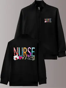 Women's Casual Stand Collar Zipper Jacket, New Nurse Print, Baseball Cap Design, Pockets, Slight Stretch Knit Fabric, Perfect Gift for Nurses