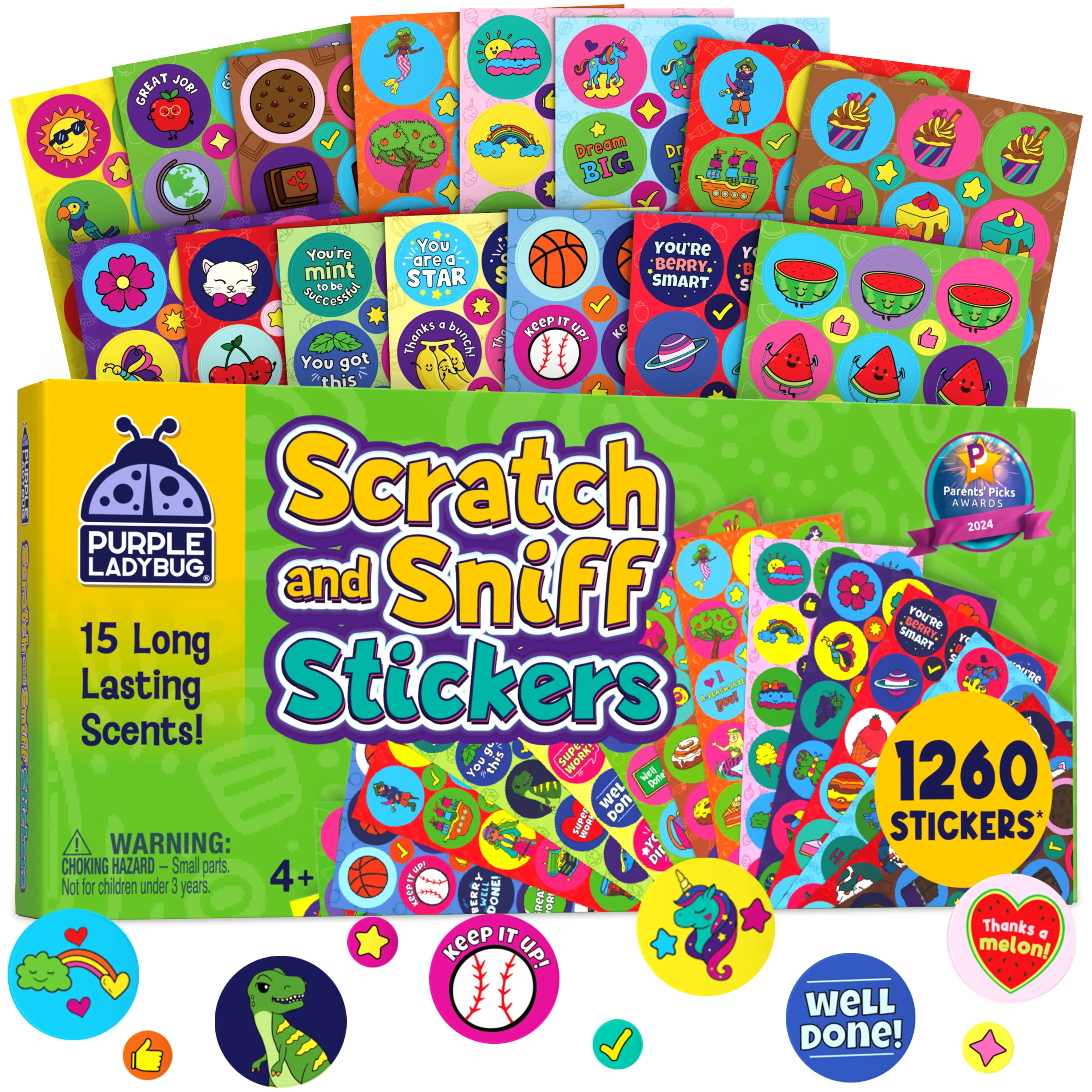 Purple Ladybug Scratch & Sniff Sticker Pack, 1,260 Scented Reward Stickers with 15 Fun Scents, Classroom Rewards for Kids, Teachers & Creative Learning Fun