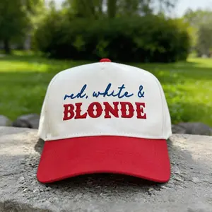 Red White & Blonde Hat Embroidery 2-tone USA Patriotic Baseball Cap Blue/Red Natural Trucker Hat Custom Color Vintage Adjustable Mesh Snapback Summer Country Style Gift  Funny Meme Gift, Father’s Day Gift, Summer USA Party Hat Adjustable