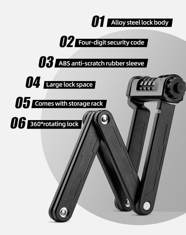 ROCKBROS Folding Bike Lock Combination Bike Lock with Mount Electric Bike Lock Heavy Duty Anti Theft Bicycle Locks with Mounting Bracket 4-Digit Foldable Bike Lock