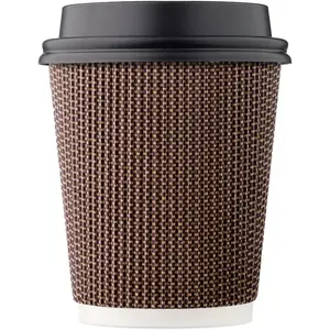 [150 SET]  8 oz Disposable Coffee Cups, Insulated Ripple Double-Walled Paper Cup with Lid, Brown Geometric,  Hot  Drinks To go coffee cups