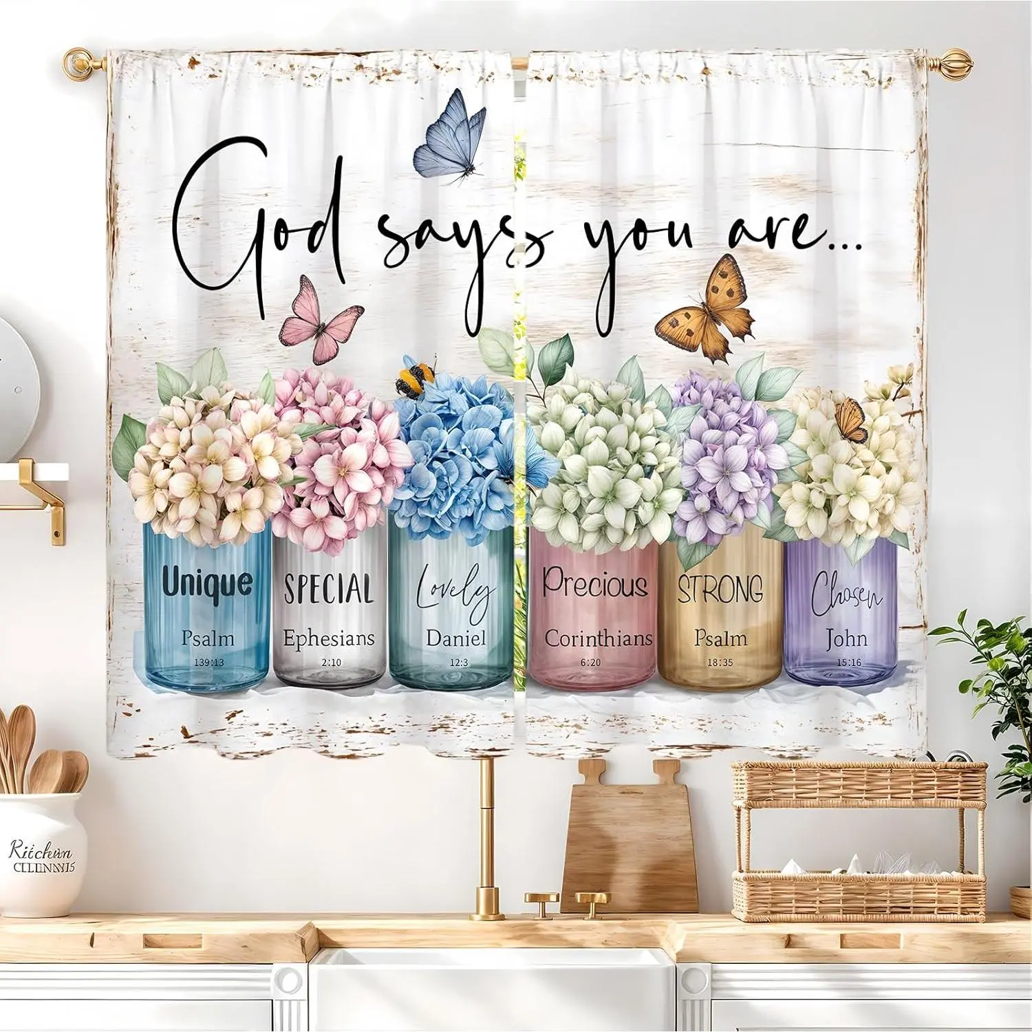 Religious Hydrangea Floral Rod Pocket Curtains, 2-Panel 27.5W x 39L in Small Short Cafe Tiers with God Says You Are Christian Scripture Verse, Colorful Vintage Art Print Bloom Curtains for Kitchen Bathroom Decor, Colorful Curtains