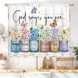 Hydrangea Religious Floral Kitchen Curtain 27.5W X 39L Inch 2 Panels Rod Pocket God Says You are Scripture Christian Verse Flower Butterfly Small Short Cafe Tier Window Drape Bathroom Decor