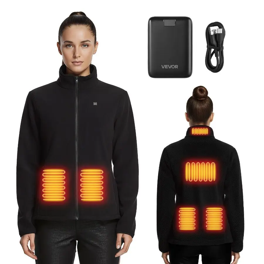 【Summerfinds】 Women's Heated Fleece Sweatshirt Long Sleeve Top - 7.4V 16000mAh Rechargeable Power Bank, 6 Heating Zones, 3 Temp Levels, 3h/6h/10h Warmth Duration, for Winter Outdoor Camping, Black, L Sizedealsforyoudays