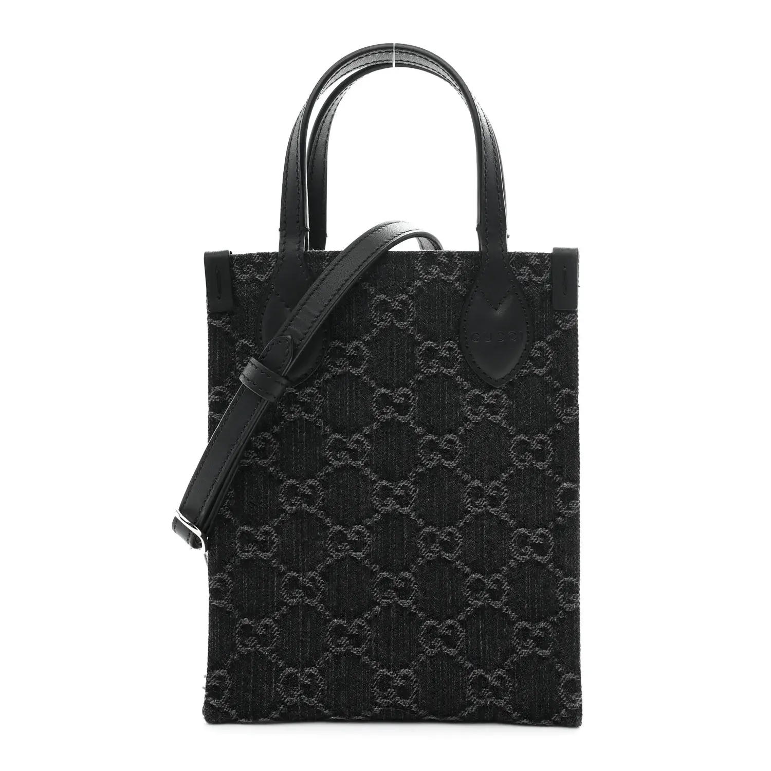 Pre-owned GUCCI Calfskin Shoulder Bags Denim Cuoio Harness GG Monogram Mini Ophidia Tote Bag Black Medium Grey