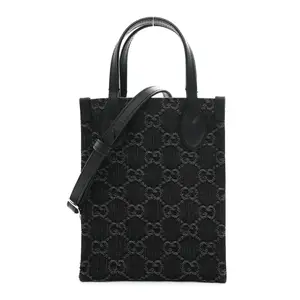 Pre-owned GUCCI Calfskin Shoulder Bags Denim Cuoio Harness GG Monogram Mini Ophidia Tote Bag Black Medium Grey