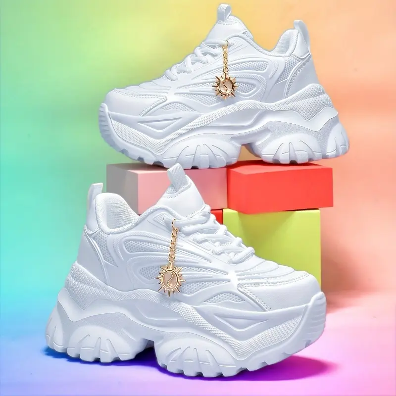 Women'S Fashion Sneakers, All-Season Lightweight Sports Shoes, Breathable Mesh, EVA Sole, Non-Slip Platform Wedge, 2.36inch Height Increase, Solid Color, Fabric Upper & Inner, Trendy Skateboard Style