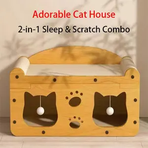 【Already have 10K favorites】2 in 1 Cat Bed with Scratching Board Pet Furniture for Indoor Cats Suitable for multiple cats Durable Double Layer Design Cat Bed Stylish and Comfortable Cat Furniture for All Seasons Wooden cat bed