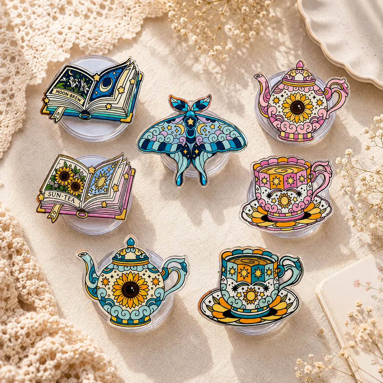 Cottagecore Celestial Tea Magnetic Phone Grip MagSafe Compatible Moon Book Moth Sunflower Phone Holder Stand Cute Kindle Grip Gift