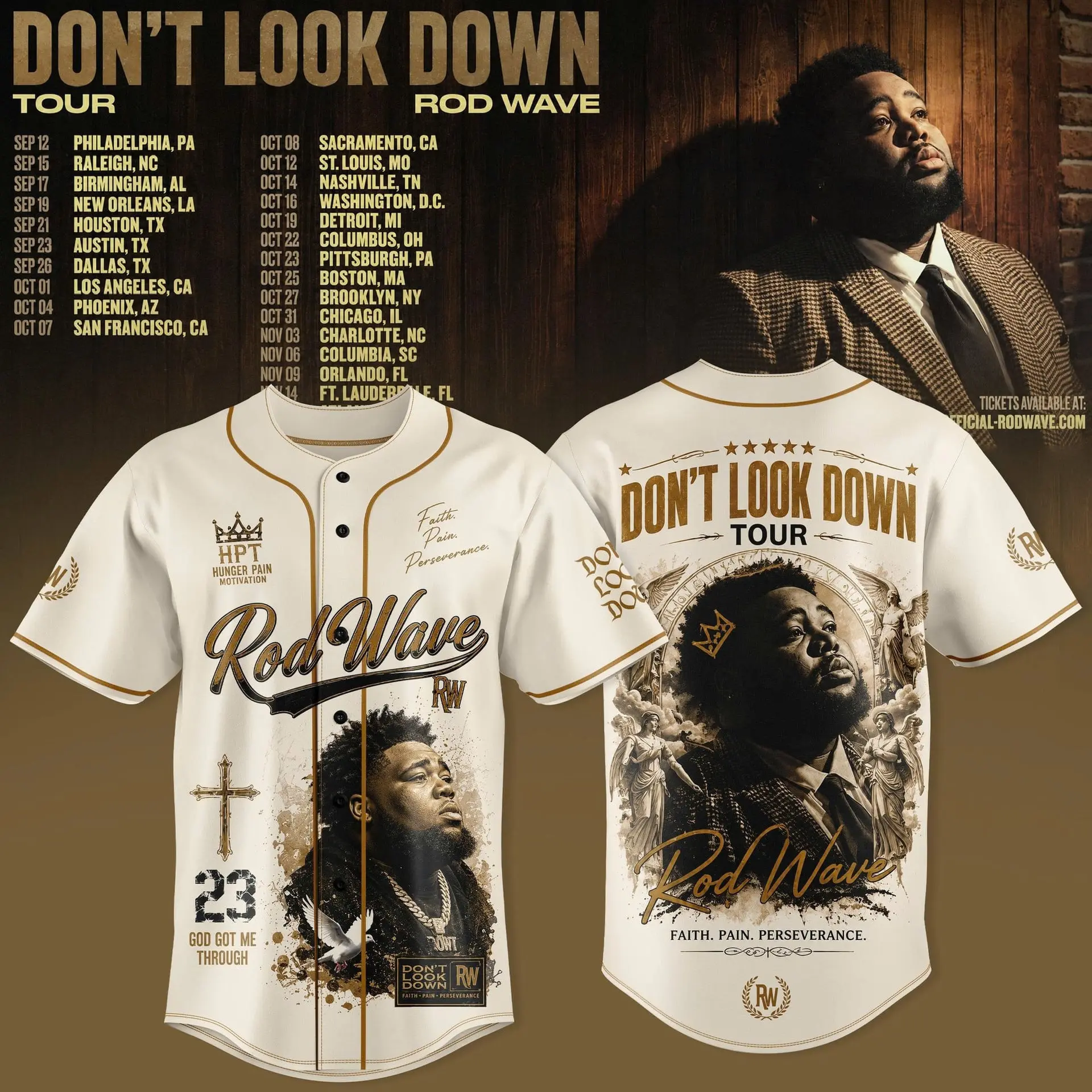 Rod Wave Tour Merch Don't Look Down Tour 2026 Jersey, Unisex Baseball Jersey Shirt, Button Front Sport Top, Street Fashion