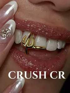 CRUSH CR 1pc Copper 18K Gold Plated Trident Design Grillz, Stylish 3-Prong Shape, Unisex Hip-Hop Tooth Jewelry, Tooth Gems Perfect for Parties, Club Nights, Street Fashion, Daily Wear