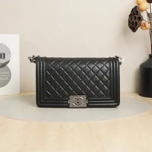 Pre-owned CHANEL Lambskin Shoulder Bags Le Boy Medium Black Silver D8040715 Vluxury