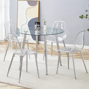 Modern Minimalist Round Table with Transparent Tempered Glass Top & Silver Metal Legs Paired with 4 Dining Chairs for Luxurious Dining Experience