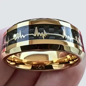 1PC Men's Fashion Gold Plated Black Carbon Fiber Stainless Steel Heartbeat Ring for Men Perfect Jewelry Accessories, Party Gift