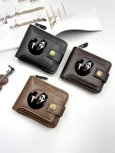 Black Leather Wallet with Horror Ghost Face Print Design for Everyday Use and Halloween Party Accessory  Perfect Gift Idea for Horror Movie Fans and Halloween Holiday Celebration Present for Teens and Adults, Durable Fashion Wallet