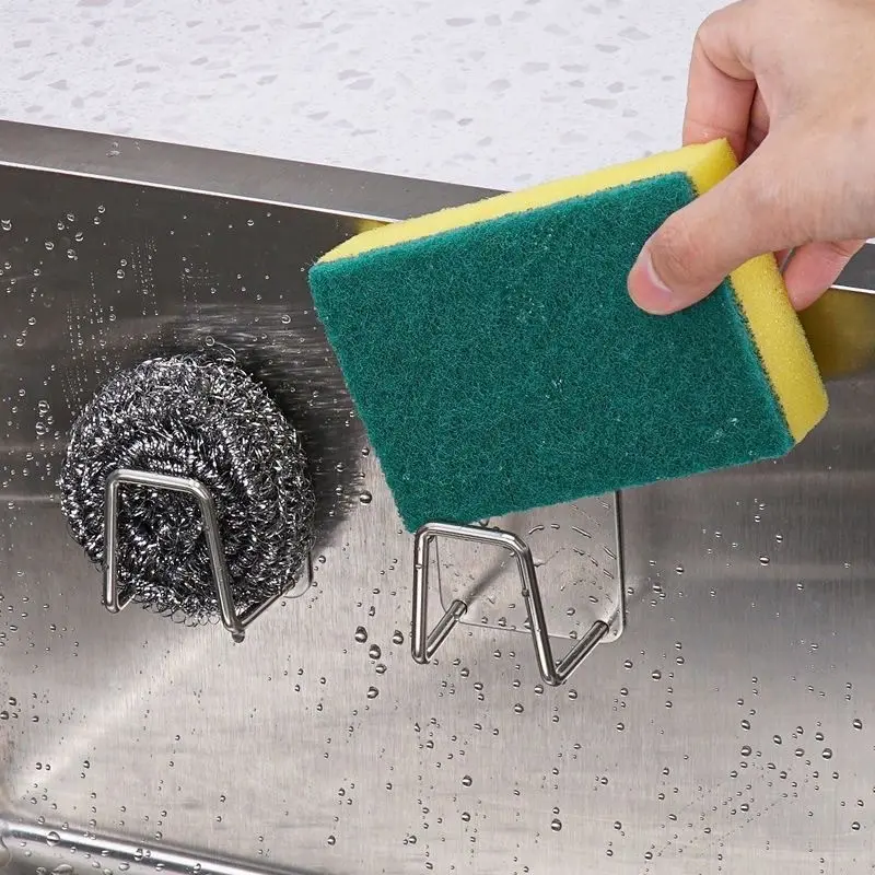 2pcs Sturdy Durable Stainless Steel Kitchen Bathroom Adhesive Sponge Holder, Kitchen Caddy Organizer, Multifunctional Hook, Kitchen Hooks, Waterproof Rustproof for Kitchen Bathroom Sink Dishclot