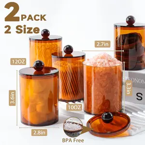2 Pack Q-Tip Holder and Apothecary Jar Set with Lids, 10oz & 12oz Bathroom Storage Canisters for Cotton Swabs, Cotton Balls, Pads, Floss Picks, Vanity Organizer, Brown