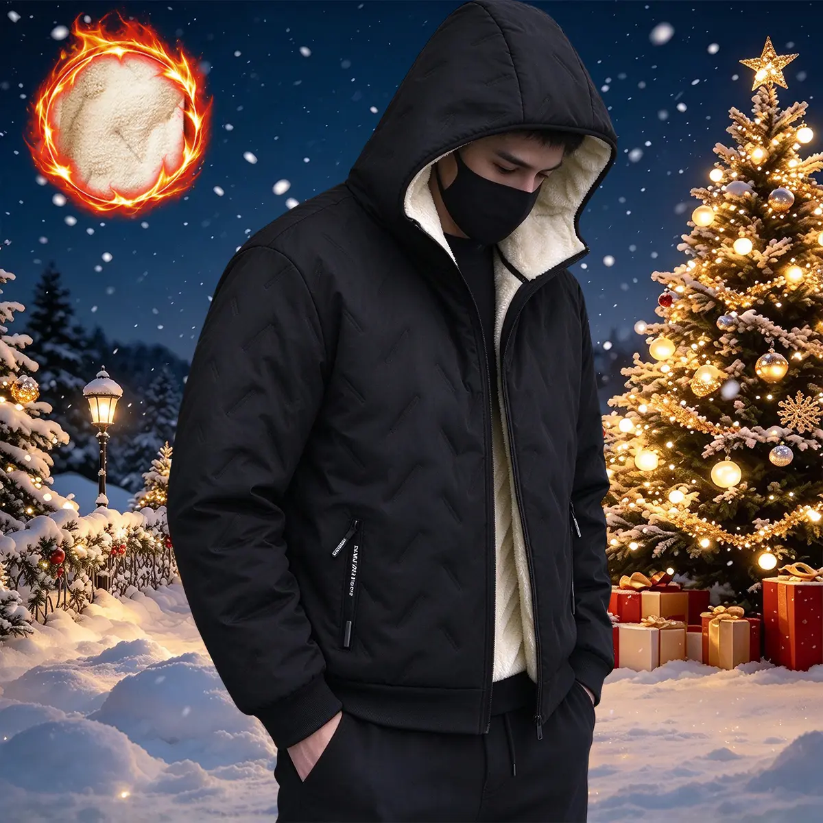 Men’s autumn/winter hooded long-sleeve casual jacket — comfortable, versatile windproof design with two side zipper pockets and a full zip closure; thickened fleece lining for added warmth; suitable for everyday casual wear and commuting to work.