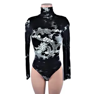 Tie Dye Dragon bodySuit Long Sleeve High Neck Polyester Spandex Casual Comfortable