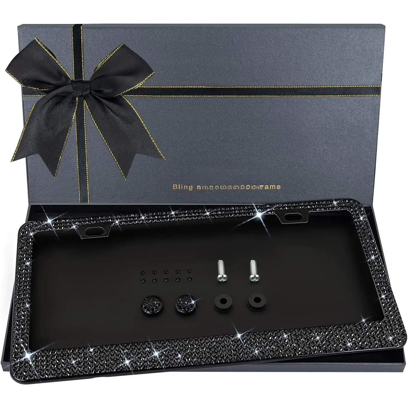 Bling License Plate Frame for Women, 1 count Sparkly License Plate Frames| Over 1200 count 14 Facets Bedazzled Clear Glass  Rhinestone  w/Free Glitter  Box (Black)