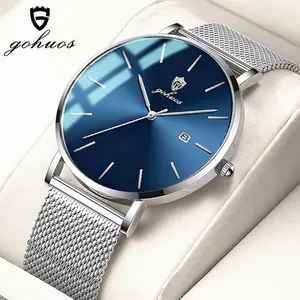 GOHUOS Mens Business Quartz Watch Original Movement Stainless Steel Casual Ultra Thin Fashion Waterproof Silver blue Watches for men