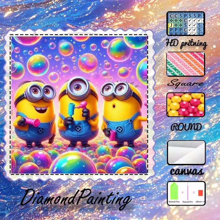 5D-DIY, Diy Kits, Crafts, velvet canvas, diamond art, diamond painting kit, Minions, bubbles, cartoon AB diamonds, fairy dust diamonds, crystal diamonds, home decor, Diamond Art Mosaic
