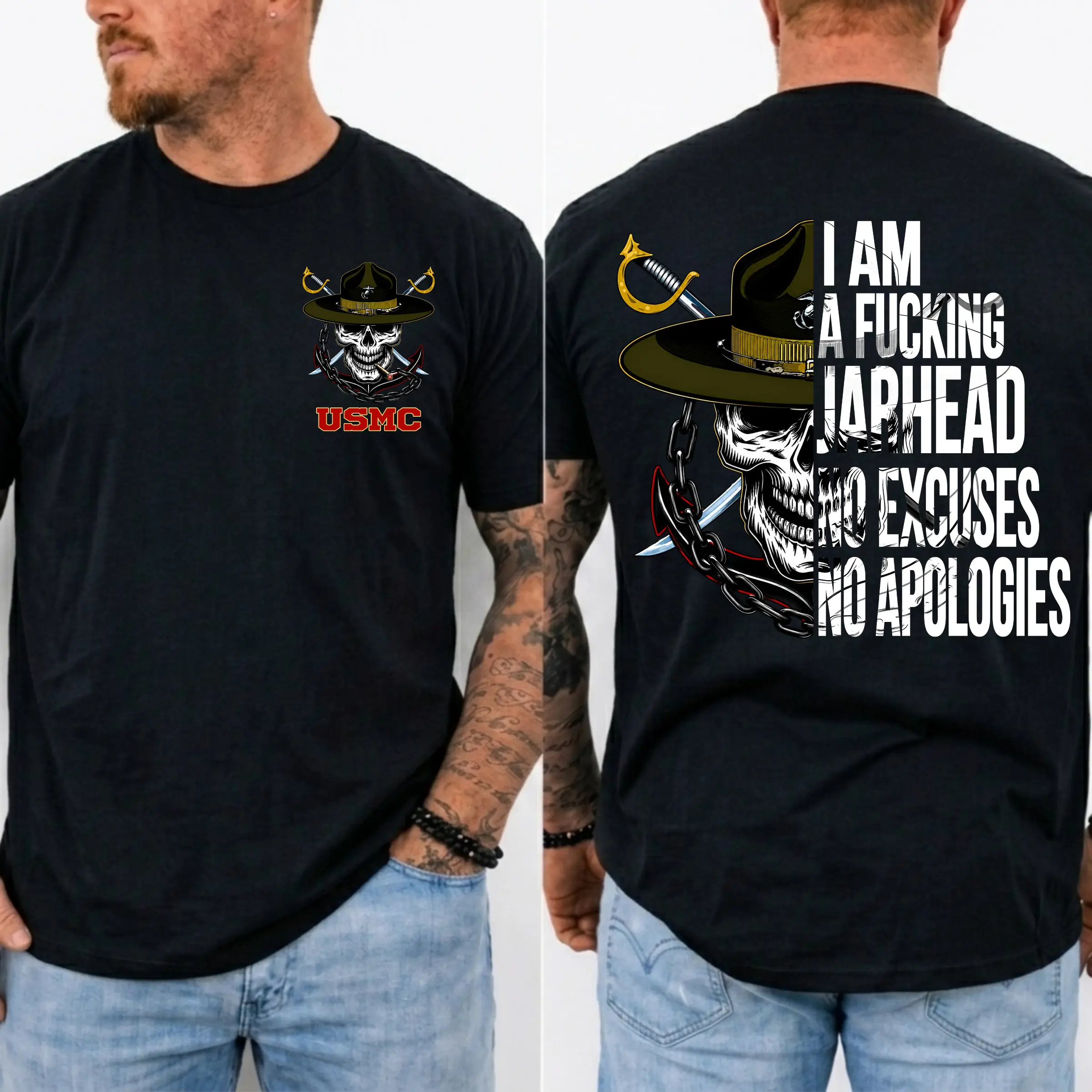 American Guardian USMC Jarhead Skull T-Shirt – No Excuses No Apologies Vintage Marine Graphic Tee