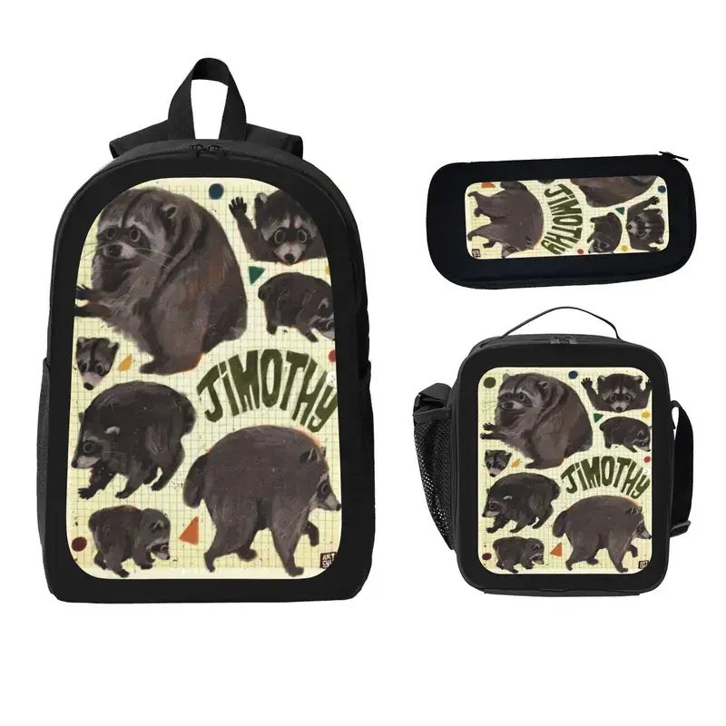 Jimothy the Raccoon Cute Raccoon Backpack Set 3-in-1 with Insulated Lunch Box & Pencil Case for Teens Lightweight School Bag Back to School Gift for Boys Girls