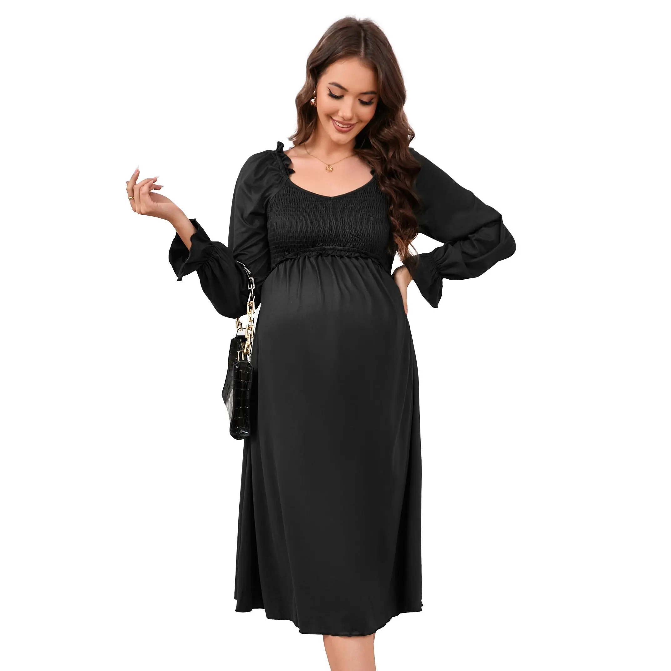 Maternity Smocked Long Sleeve  for Women Casual Stretch Pregnancy Midi  Soft Comfortable Baby Shower Outfit Fall Winter Maternity Clothes wrap around dress