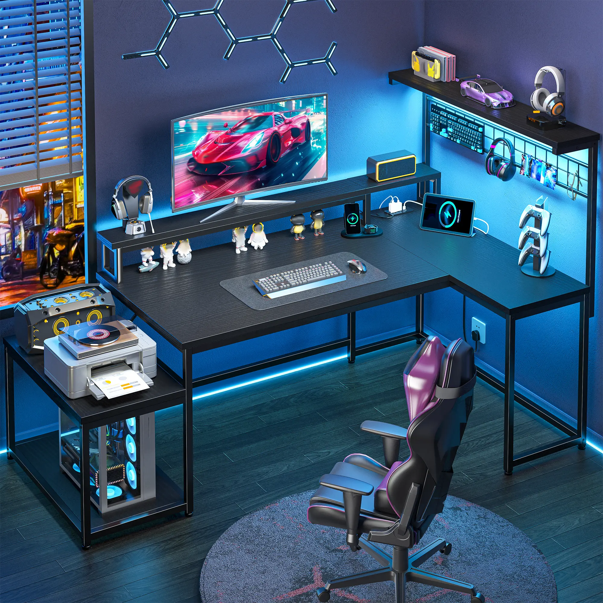 Raybee L-Shaped Gaming Desk with Led Light,Computer Desks with Power Cord & Outlets,Monitor Stand, PC Case Storage Shelf,Printer Stand,Wood Desktop