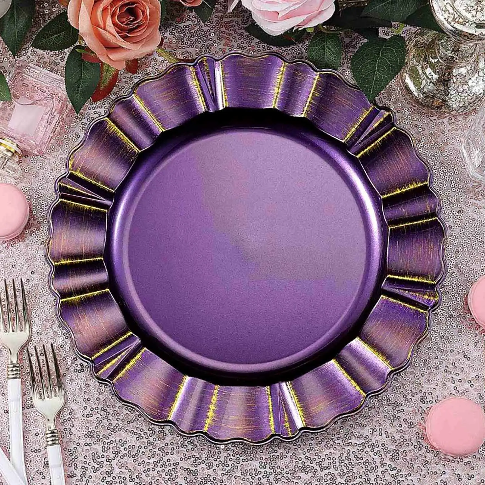 13 inches Round Purple Acrylic Plastic Charger Plates (6-Pack) - Gold Brushed Wavy Scalloped Rim, Not Microwave Friendly Dinner Table Party Tableware for Receptions, Banquets