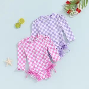 Toddler Rash Guard  Swimsuit Baby Girl Long Sleeve Ruffles Swimwear Zipper Bathing Suit Checkerboard Outfit