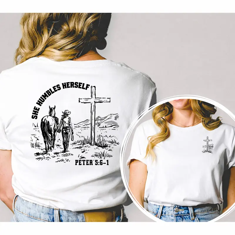 Women's Western Style Christian Graphic Top with Peter 5:6 Verse, Short-Sleeve Crewneck made with Breathable Fabric, Tshirt
