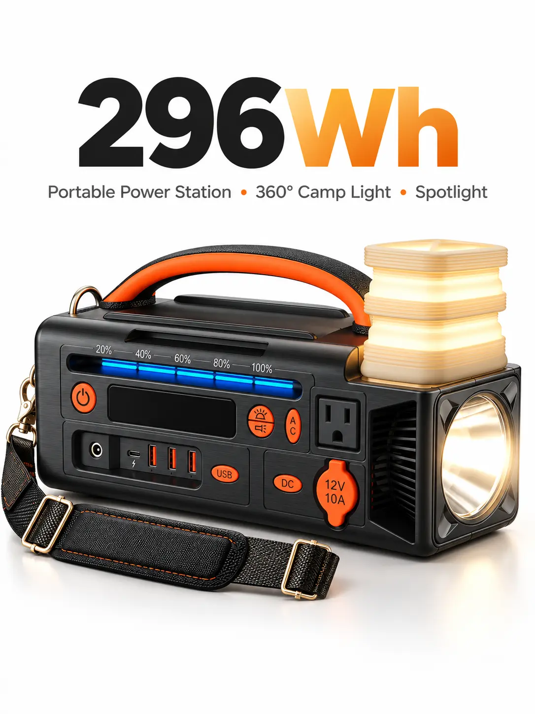 Portable Power Station 296Wh, 300W Pure Sine Wave AC Outlet, 3-in-1 NCM Lithium Battery Generator with 360° Camp Light & Spotlight for RV, Outdoors, Camping, Travel, Emergency Backup and Blackout