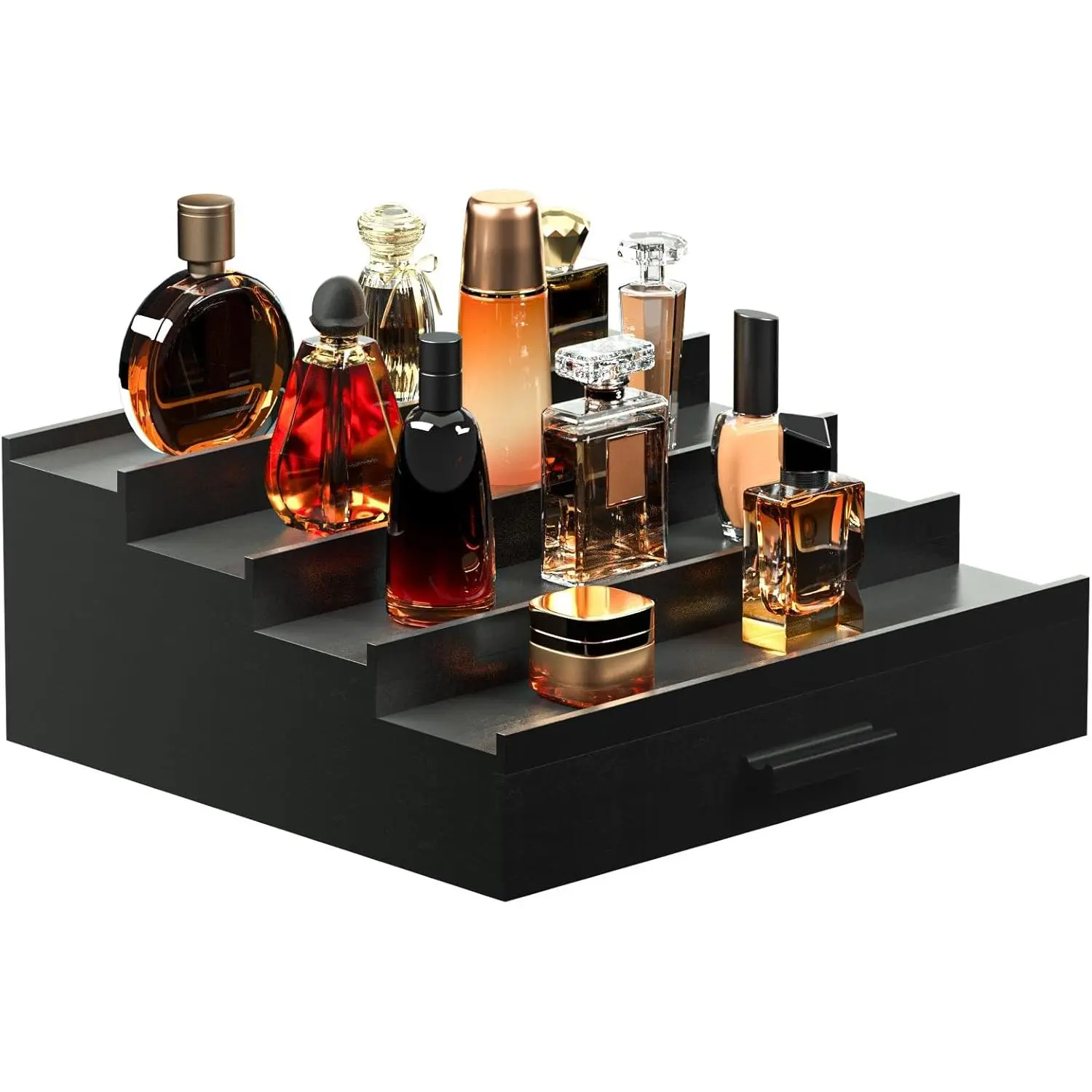Cologne Organizer for Men 4 Tier of Elevated Cologne Display Shelf with Drawer Storage Perfume Organization and Storage Display Risers,  for Man(4Tier-Black)